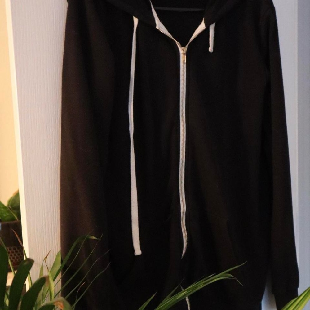 Black Zip-Up Hoodie with White Strings